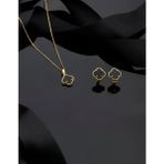 925 Ayar Oniks Taşlı Gold Yonca Kolye Küpe 2'li Gümüş Set-Takım - Standart - Altın - Siyah