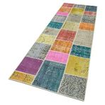 92x301 cm Kırk Yama Mavi Yama Pamuklu Yün El Dokuma Modern Geometrik Etnik Eskitme Desenli Boho Oturma Odası Salon Yolluk Koridor Mutfak Halısı