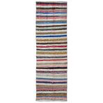 94x287 cm Girit Bej Çizgili Yün El Dokuma Modern Geometrik Etnik Eskitme Desenli Boho Oturma Odası Salon Yolluk Koridor Mutfak Halısı