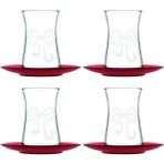 95290 Merry Mix 4lü 8 Parça Kurdela Desenli Heybeli Cam Çay Seti Takımı - Şeffaf - Kırmızı - 160 ml