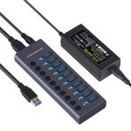 985A 10 Bağlantı Noktalı USB 3.0 Hub USB Bölücü Hub USB Bağlantı İstasyonu 300MB/S Bireysel Anahtarlarla Yüksek Hızlı İletim 12V 5A Dizüstü PC için Güç Adaptörü Akıllı Telefon Tablet Klavye Fare