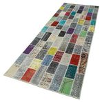98x314 cm Kırk Yama Mavi Yama Pamuklu Yün El Dokuma Modern Geometrik Etnik Eskitme Desenli Boho Oturma Odası Salon Yolluk Koridor Mutfak Halısı