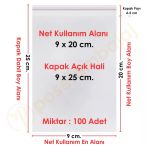 9X20+5 Cm. (9X25) 100 Adet - Şeffaf Bantlı Yapışkanlı Jelatin Poşet