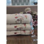 A.Z.H. (3.lü Set) 50X90 cm Kuş ve Çiçek Nakışlı Püsküllü Kadife Doku Lüks Havlu Seti - 50 x 90 cm - Krem