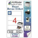 A4 Hazır Beyaz Etiket 210X74.25mm 10 Sayfa 1 Paket 4 Lü Kendinden Yapışkanlı Fotokopi Lazer İnkjet Kağıdı Yazıcılar İçin