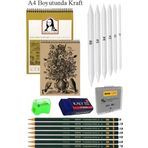 A4 Kraft Eskiz Defteri Spiralli 50 Yaprak Karakalem Çizim Seti Gölgelendirme Kalemi Hamur Silgi Fatih Dereceli Kalem Hob