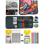 A5 Eskiz Defter Cepli Renkli Desen Kalemlik 24 Bölmeli + Kalem Kutusu Dereceli ve Boya Kalem Seti