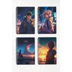 A5 Spiralli Okul Defteri 120 Sayfa 4’lü Set, 2 Çizgili - 2 Kareli Defter, Notebook, Ders Programlı - Anime