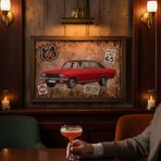 A567 Route 66 Kırmızı Klasik Araba Metal Kabartmalı Tablo Vintage Bar Ofis Duvar Dekoru Genç Odası