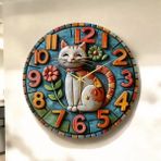 AA Shop Kedi Çiçek Renkli Baskı Desenli Sayılı Hediyelik Ahşap Sessiz Tablo Duvar Saati