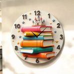 AA Shop Kitap Kütüphane Öğretmen Renkli Baskı Desenli Sayılı Hediyelik Ahşap Sessiz Tablo Duvar Saati