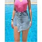 AB LOOKS Kadın Mavi Yandan Bağlamalı Kapaklı Denim Şort Etek %100 Pamuk Kot Yeni Sezon Jean Mini Şort Etek