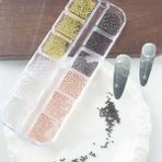 Aba Nails 4 Renk 12LI Tırnak Süsleme Parlak Metal Havyar Taşları 3 Boy Nail Art Boncukları WN-526 - Gümüş