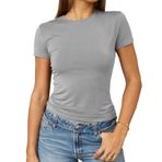 Abardsion Kadın Casual Basic Going Out Crop Tops Slim Fit Kısa Kollu Bisiklet Yaka Dar Tişörtler, Açık Gri, L