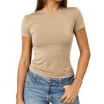 Abardsion Kadın Casual Basic Going Out Crop Tops Slim Fit Kısa Kollu Bisiklet Yaka Dar Tişörtler, Haki, M