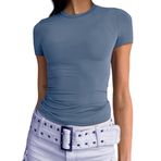Abardsion Kadın Casual Basic Going Out Crop Tops Slim Fit Kısa Kollu Bisiklet Yaka Dar Tişörtler, Pus Mavisi, M
