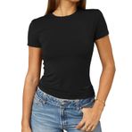 Abardsion Kadın Casual Basic Going Out Crop Tops Slim Fit Kısa Kollu Bisiklet Yaka Dar Tişörtler, Siyah, L