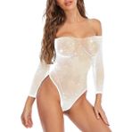 Abberrki Kadın Seksi Işıltılı Yapay Elmas Oyuncak File Uzun Kollu Tek Parça Bodysuit, Beyaz, Tek Beden