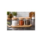 abenim Bambu Standlı 3’lü Mini Baharatlık Seti – Vakum Kapaklı | Kavanoz 7x6 cm | Stand 22X7 cm