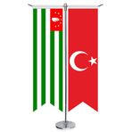 Abhazya Cumhuriyeti Bayrağı ve Türkiye - Kırlangıç - Saten T direk 2li Masa Bayrağı