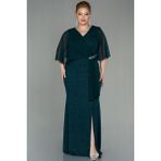 Abiyefon ABU2857 Kısa Kol Uzun Simli Büyük Beden Zümrüt Yeşili Abiye Elbise