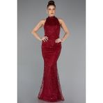 Abiyefon Halter Yaka Boncuklu Uzun Balık Abiye ABU4791 - Bordo - 42