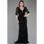 Abiyefon Kısa Kol V Yaka Peplum Uzun Pullu Abiye Elbise ABU5621 - 38 - Siyah