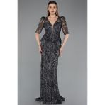 Abiyefon Kısa Kol V Yaka Peplum Uzun Pullu Abiye Elbise ABU5621 - 40 - Antrasit