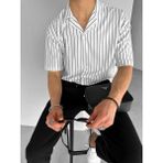 Abluka Online Erkek Oversize Küba Yaka Çizgili Gömlek Beyaz - XL