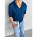Abluka Online Erkek Oversize Yarım Pat Gömlek Yaka Desenli Örme T-Shirt Saks Mavi - XL