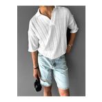 ablukaonline Erkek Yarım Pat Gömlek Yaka Desenli Oversize Triko T-shirt Beyaz