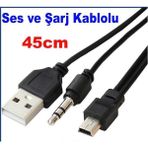 abnturk Bluetooth Speaker,mp3 Için 5pin Mini USB ile 3.5mm Aux Jak /erkek USB 2 In 1 Şarj ve Ses Kablosu - Siyah
