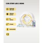 AC AYDINLATMA 12V Cob Şerit Led 3 Renk Işık -Kumandalı- Metrede 360 Led - 5 Metre