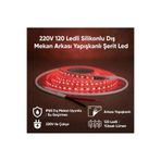 AC AYDINLATMA 220V 120 LED Dış Mekan Şerit LED Kırmızı Işık Arkası Yapışkanlı Suya Dayanıklı Dekoratif Aydınlatma - 5 Metre