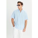 AC&Co / Altınyıldız Classics Erkek Açık Mavi Keten Görünümlü %100 Pamuk Armürlü Düğmeli Yaka Gömlek Comfort Fit Rahat Kesim