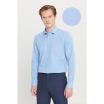 AC&Co / Altınyıldız Classics Erkek Açık Mavi Pamuklu Tailored Slim Fit Dar Kesim Klasik Yaka Armürlü Cepli Gömlek