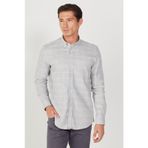 AC&Co / Altınyıldız Classics Erkek Bej Grı Slim Fit Dar Kesim Düğmeli Yaka %100 Pamuk Jakarlı Gömlek