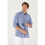 AC&Co / Altınyıldız Classics Erkek Beyaz-Lacivert Slim Fit Dar Kesim Düğmeli Yaka Kareli Gömlek