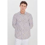 AC&Co / Altınyıldız Classics Erkek Beyaz-Sarı Pamuklu Slim Fit Dar Kesim Büyük İtalyan Yaka Baskılı Gömlek