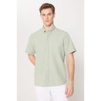 AC&Co / Altınyıldız Classics Erkek Haki Slim Fit Dar Kesim Düğmeli Yaka Gofre Desenli Kısa Kollu Gömlek