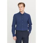 AC&Co / Altınyıldız Classics Erkek Lacivert Keten Görünümlü %100 Pamuk Nefes Alabilen Kumaş Flamlı Slim Fit Düğmeli Yaka Gömlek