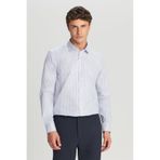 AC&Co / Altınyıldız Classics Erkek Mavi-Beyaz Non-Iron Ütü Gerektirmeyen %100 Pamuk Slim Fit Dar Kesim Klasik Yaka Armürlü Gömlek