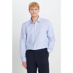 AC&Co / Altınyıldız Classics Erkek Mavi-Gri Ütü Gerektirmeyen %100 Pamuk Slim Fit Klasik Yaka Armürlü Gömlek