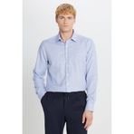 AC&Co / Altınyıldız Classics Erkek Mavi Haki Ütü Gerektirmeyen %100 Pamuk Slim Fit Klasik Yaka Armürlü Gömlek