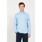 AC&Co / Altınyıldız Classics Erkek Mavi Keten Slim Fit Dar Kesim Düğmeli Yaka Armürlü Gömlek