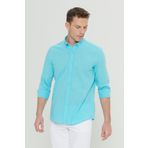 AC&Co / Altınyıldız Classics Erkek Turkuaz Keten Görünümlü %100 Pamuk Nefes Alabilen Kumaş Slim Fit Düğmeli Yaka Flamlı Gömlek