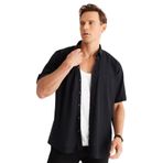 AC&Co/Altınyıldız Classics Comfort Fit Rahat Kesim Gizli Düğmeli Yaka Keten Görünümlü%100 Pamuk Flamlı Gömlek, Renk Siyah, Beden 2XL