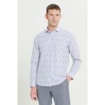 AC&Co/Altınyıldız Classics Erkek Beyaz-Lacivert Pamuklu Slim Fit Dar Kesim Küçük İtalyan Yaka Baskılı Gömlek