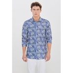 AC&Co/Altınyıldız Classics Erkek Lacivert-Yeşil%100 Pamuk Slim Fit Dar Kesim Büyük İtalyan Yaka Baskılı Gömlek