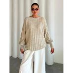 Açık Bej Kayık Yaka Fitilli Oversize Kazak